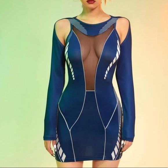 NWT Geo Print Contrast Mesh Cut Out Bodycon Dress - Picture 1 of 3